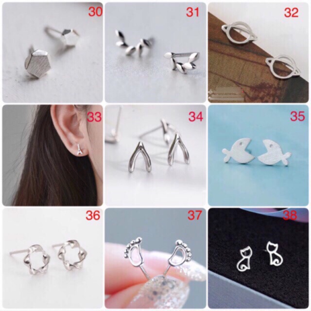 Bông tai bạc 30% hình tim, trăng sao, mèo nhỏ kiểu hàn quốc cực xinh