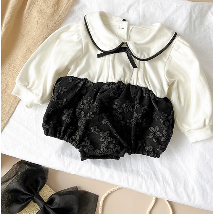 Bộ Áo Liền Quần Tay Dài Cổ Thắt Nơ Vải Cotton Phong Cách Anh Quốc Dễ Thương Cho Bé