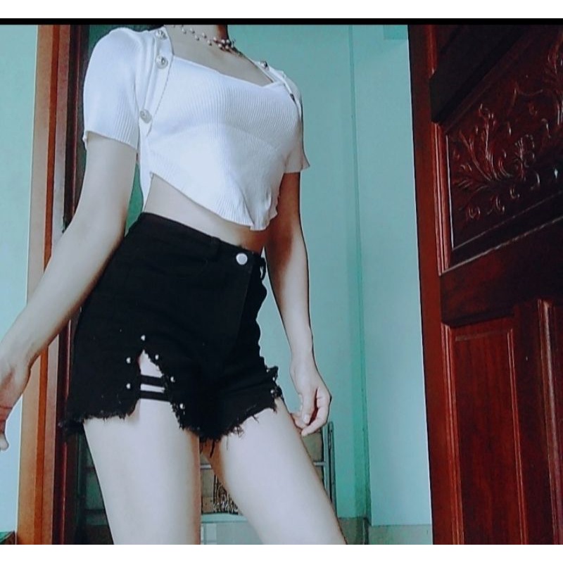 Áo Croptop Ngắn Tay Cổ Vuông Đính đá- Áo Kiểu Nữ Ôm Body chất len tăm dày dặn co giãn