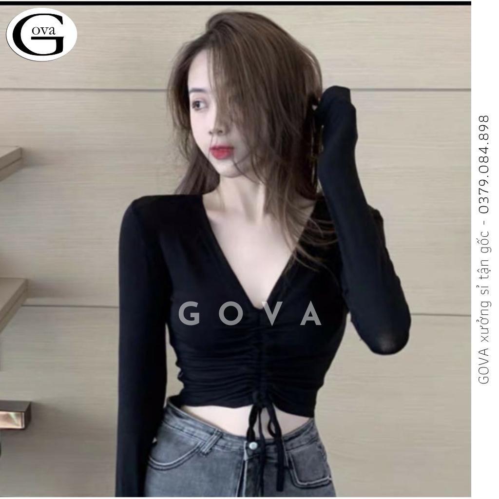 Áo Croptop cổ V nhún ngực rút dây Hot Trend Áo kiểu nữ ôm chất thun Cao Cấp gân mềm mát