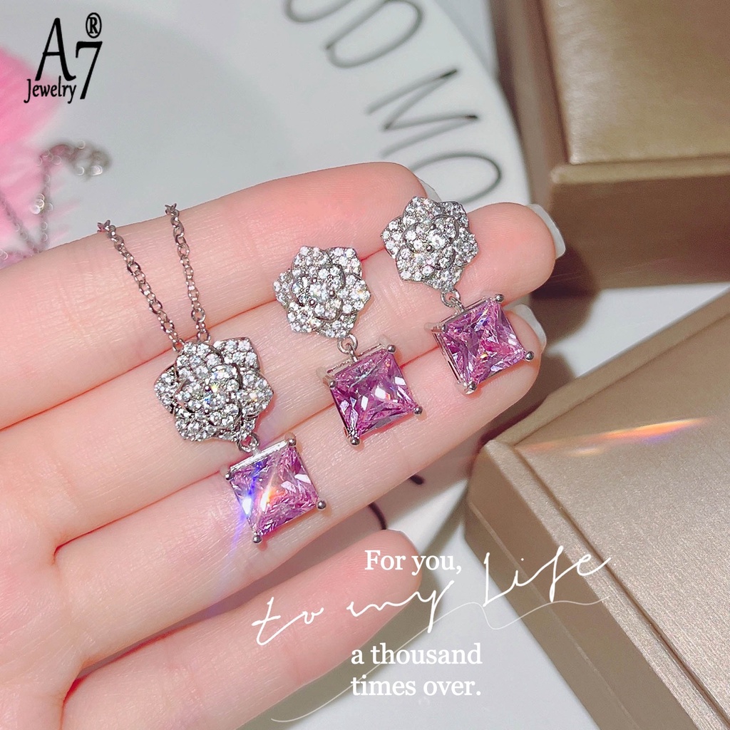 Bộ Vòng cổ Và Bông Tai Đính Đá Zircon A7 Hình Hoa Hồng