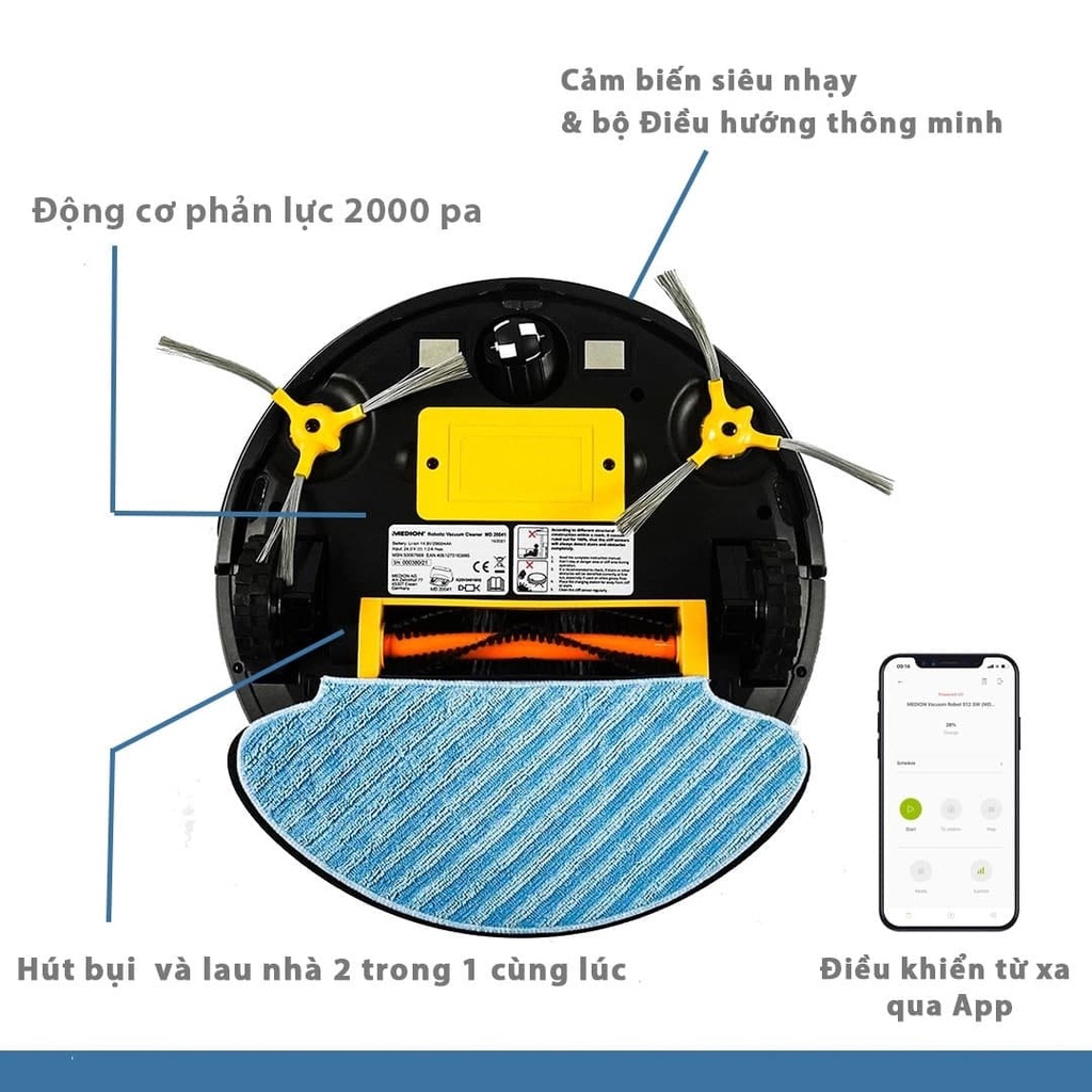 Robot Hút Bụi Lau Nhà Medion MD20041 công nghệ cao thế hệ mới Medion gồm 3 chổi quét, pin khỏe 2900mAh, lực hút 2000pa