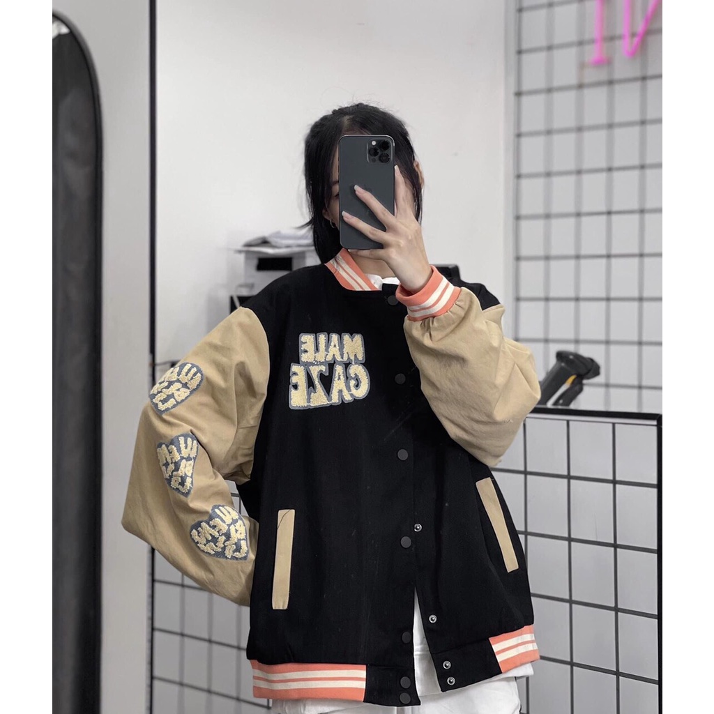 Áo Khoác Bomber Varsity Nữ MEESTORE - Jacket Nỉ Dáng Rộng Unisex Tay Bồng Màu Nâu Tây Phong Cách Hàn Quốc