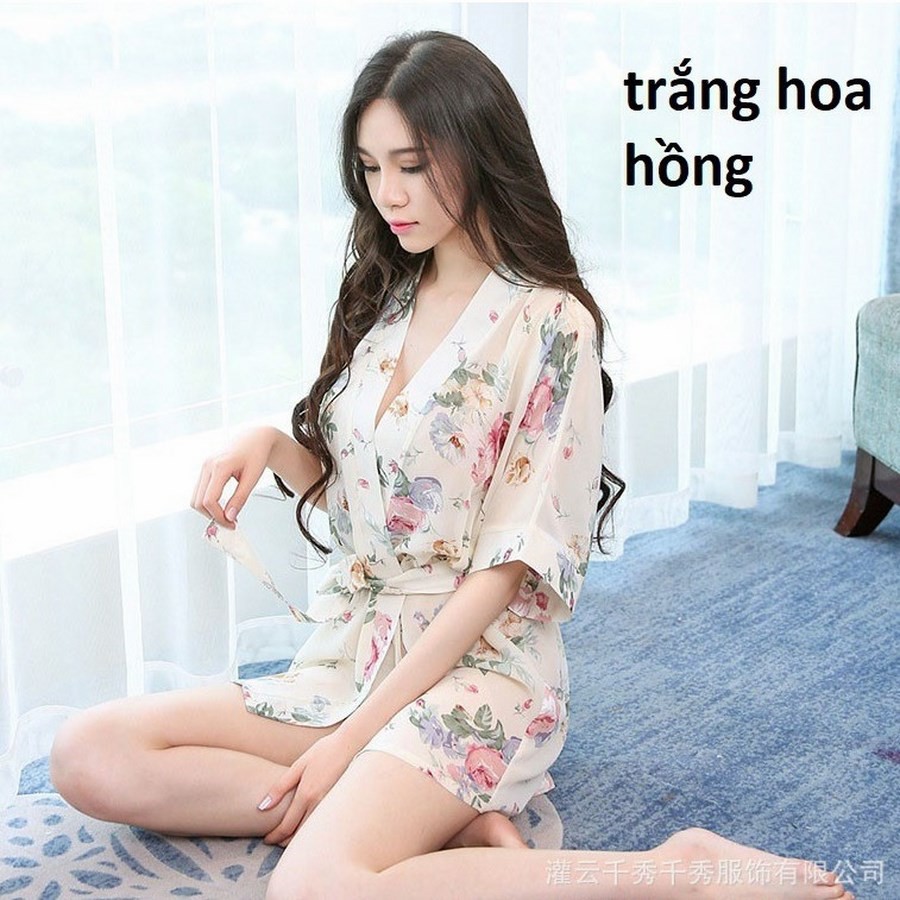 Áo Choàng Ngủ Hoa Kimono 5034 Tặng Kèm Quần Lót Lọt Khe Siêu Xinh