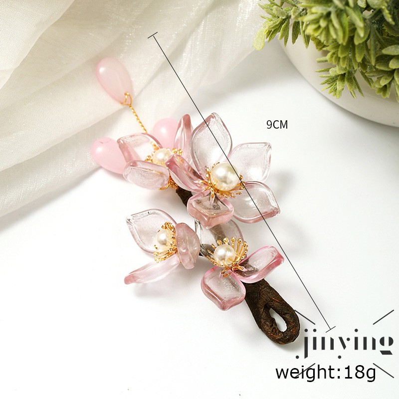 ❤S Wind Antique Style Hairpin Fresh Retro Imitated Jade Pink Flower Hair Accessories Fashion Han Chinese Clothing Hair O