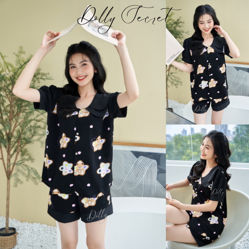 Bộ mặc nhà Pijama lụa mango tay cộc quần đùi DOLLY SECRET phối họa tiết dễ thương tay bồng cổ kép