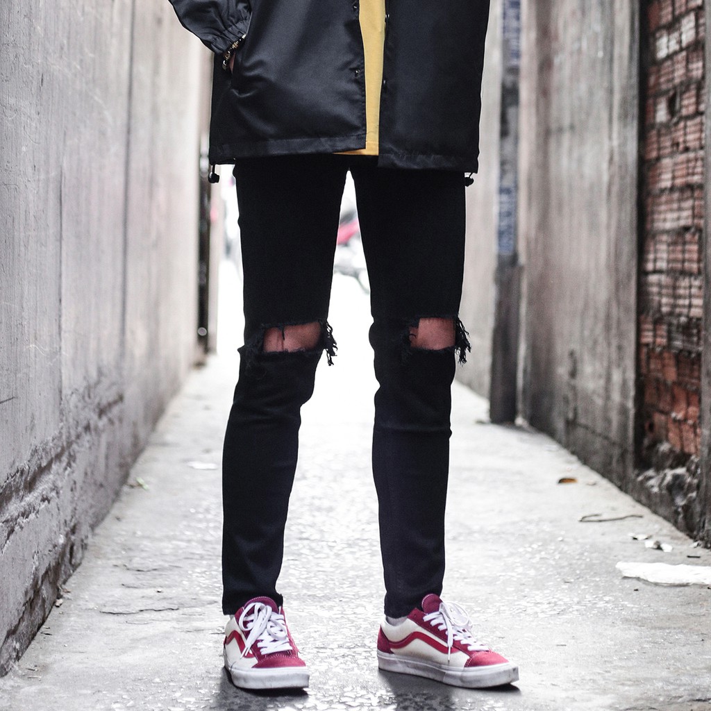 Quần Skinny Jeans Nam-Màu Đen-Kiểu Rách Gối Lớn-Chất Liệu Cotton Co Giãn-Ống Đứng Dáng-Ống Ôm Chân Chuẩn Skinny | BigBuy360 - bigbuy360.vn