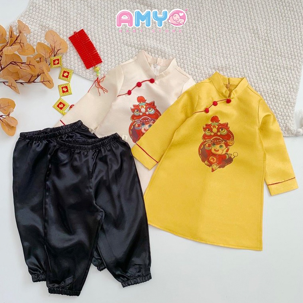 Áo dài bé trai set đồ Tết cho bé trai kèm quần lanh đen AMYO 11.BAD03.02-2