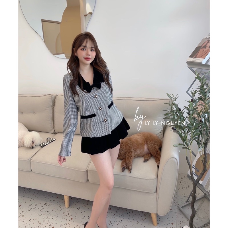 Set áo ziczac & chân váy nhung dành cho nữ