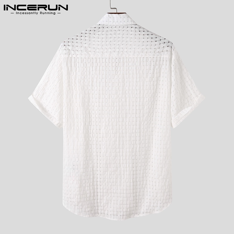 Áo sơ mi INCERUN tay ngắn cổ bẻ dáng rộng chất liệu mỏng xuyên thấu thời trang cho nam giới