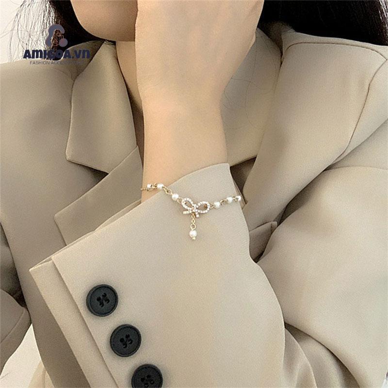 【amigoa.Aq】Vòng Tay Đính Đá Ngọc Trai Kim Cương Giả Thắt Nơ Ngọt Ngào Đa Năng Cho Nữ