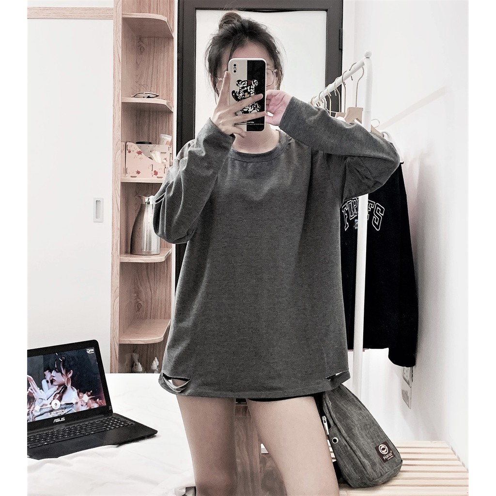 Áo sweater nữ Shynstores - áo nỉ dài tay cổ tròn rách gấu vải đẹp freeship