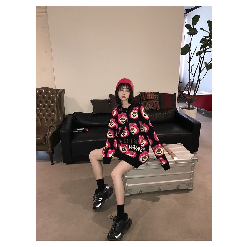 Áo Sweater Dệt Kim Chui Đầu Dáng Rộng In Hình Gấu Dâu Tây Phong Cách Hàn Quốc Thời Trang Thu Đông Mới Cho Nữ
