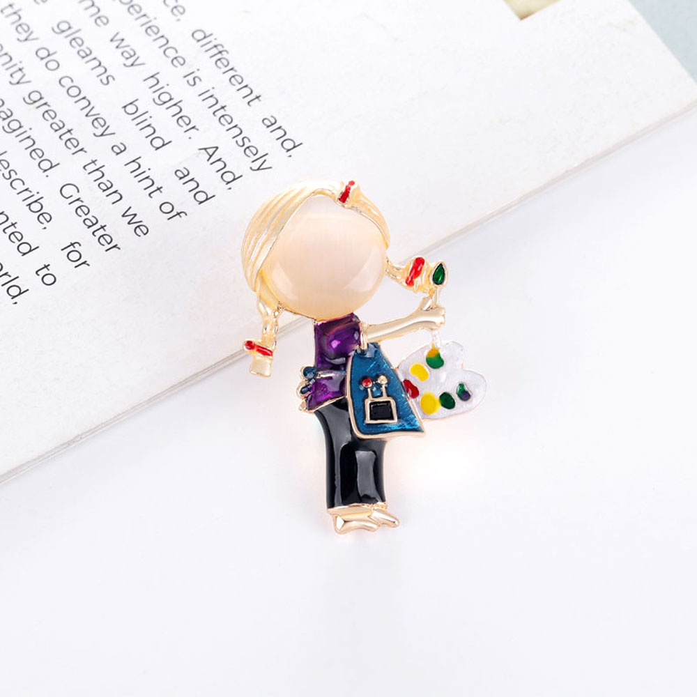 FORBETTER Women Brooch Pin Opal Collar Accessories Fashion Jewelry Gift Small Enamel Fashion Painting Girl Watermelon Girl Suit Scarf Clip