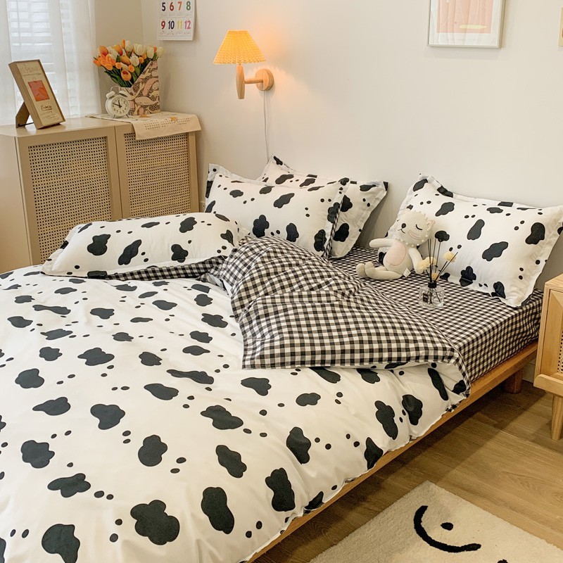 Bộ Chăn Ga Gối Cotton Poly Bò Sữa 2 Chấm