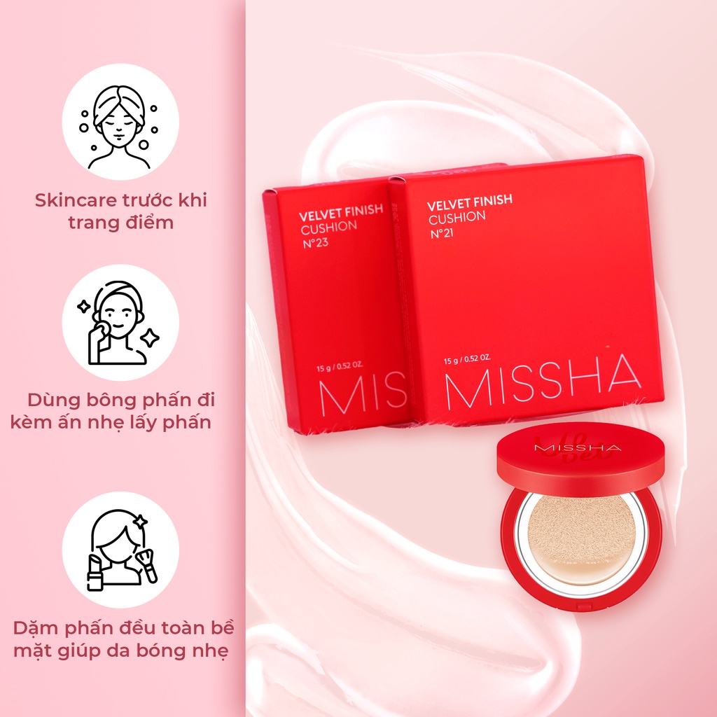 (CHÍNH HÃNG) Phấn Nước/ Cushion Kiềm Dầu Che Phủ Cao MISSHA Velvet Finish Cushion SPF50+/PA+++ 15g (Màu Đỏ), No 21, 23