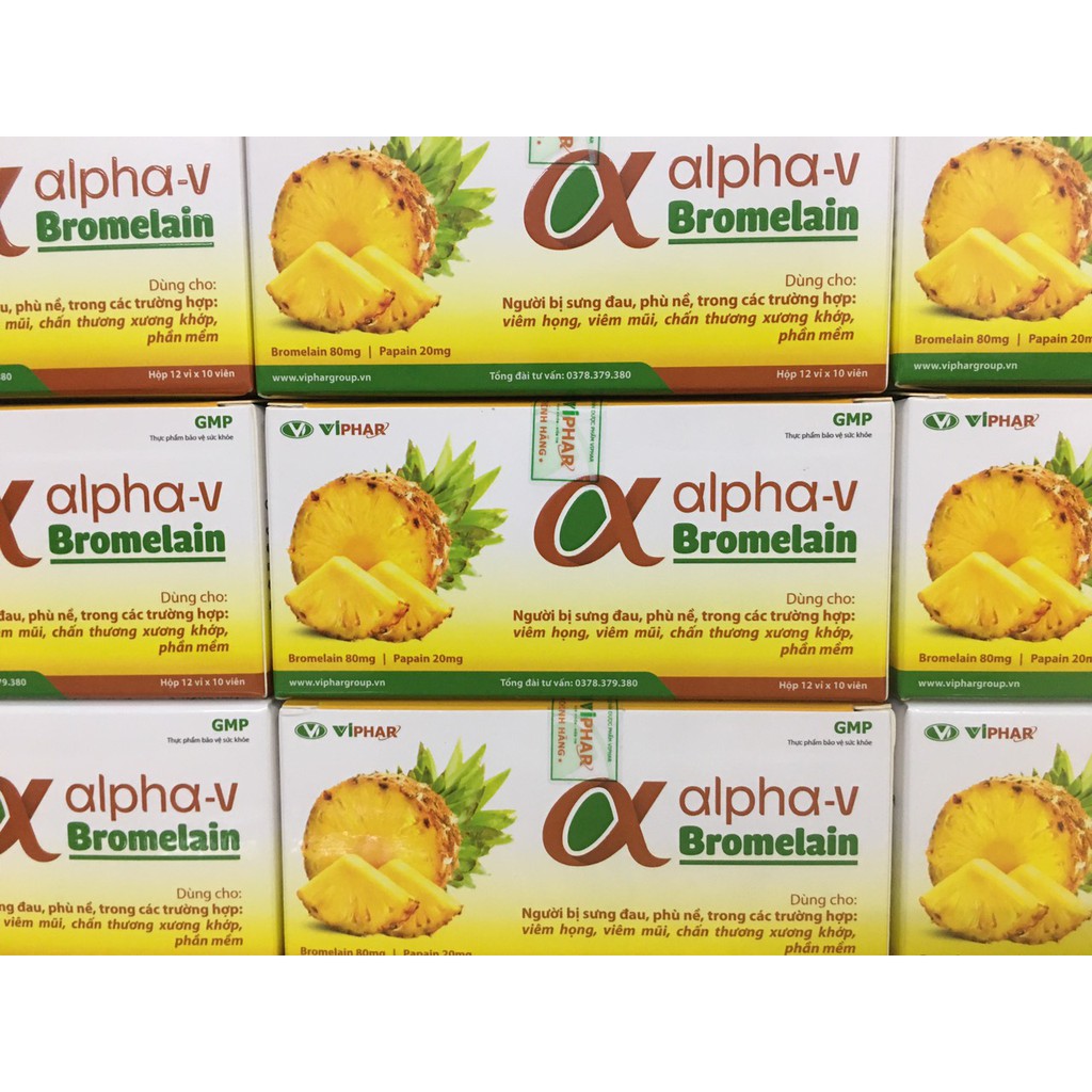 [ ALPHA - V BROMELAIN Hộp 120v]: Giảm sưng, đau, phù nề, tụ máu do chấn thương phần mềm, viêm mũi họng, viêm xoang, khớp