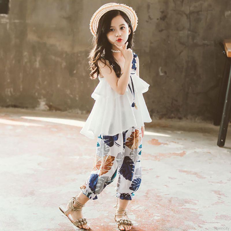 Bộ áo hai dây + quần dài in hoa lá dễ thương cho bé gái