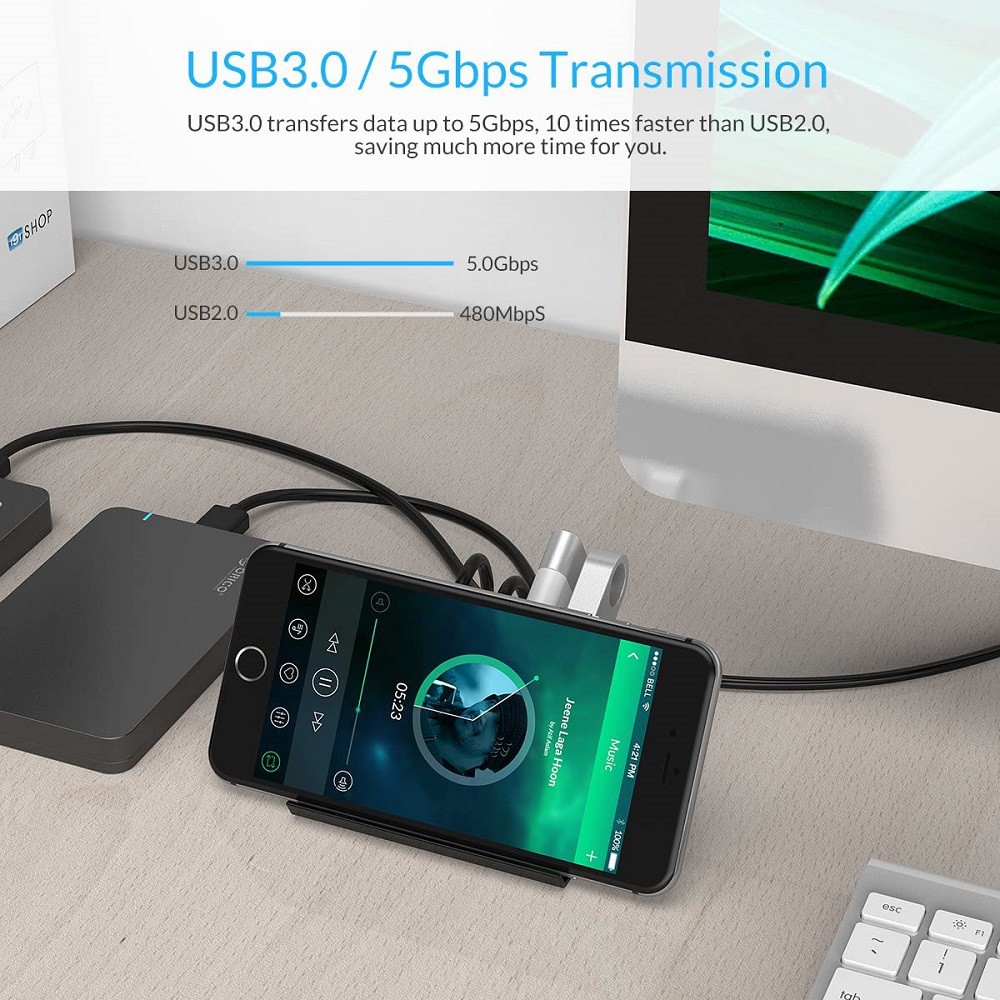 Bộ Chia Orico Shc-u3 (4 Cổng Usb 3.0) Kèm Giá Đỡ Điện Thoại Và Máy Tính Bảng