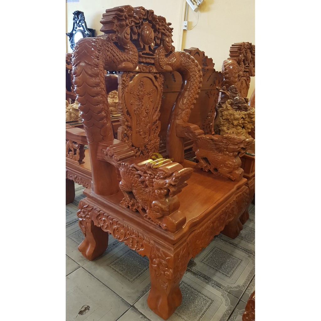 Bộ bàn ghế rồng cột đục gỗ gõ đỏ tay 14 6 món