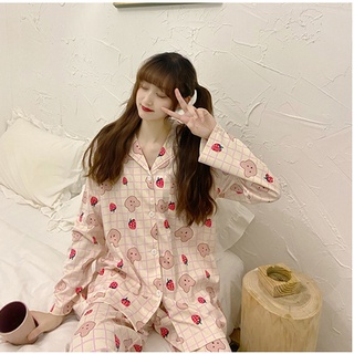 Đồ ngủ dài tay họa tiết hình gấu dễ thương mùa thu đông phong cách Hàn Quốc(ORDER)