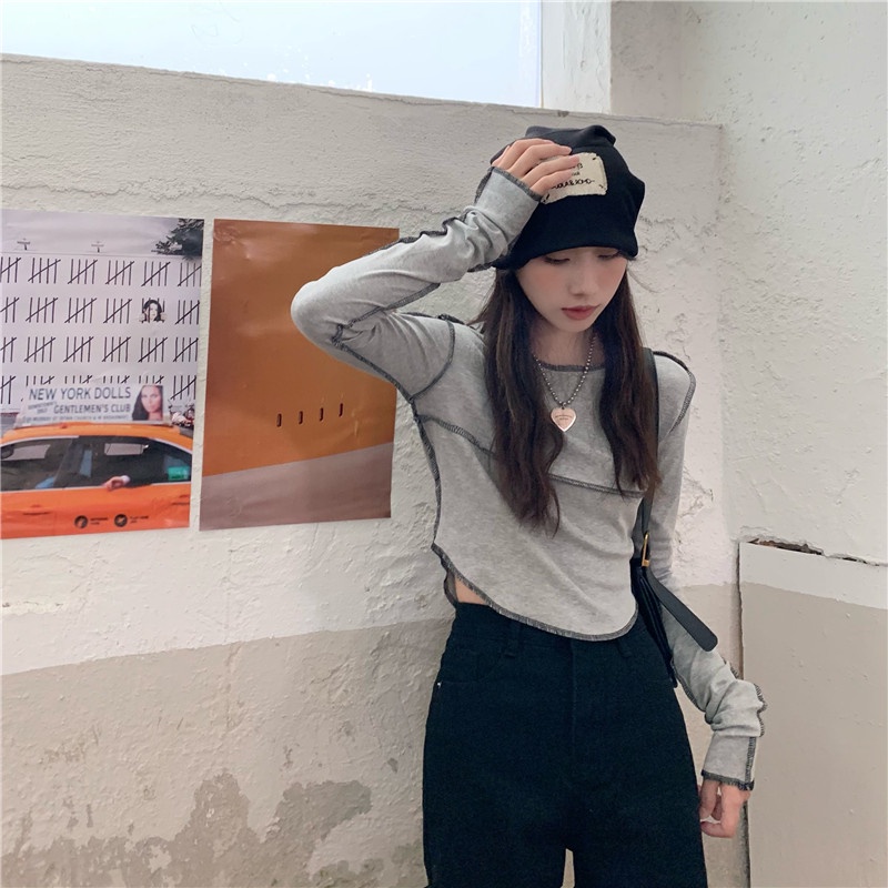 SUXI Áo Thun Tay Dài Màu Sắc Đơn Giản Phong Cách Vintage Dành Cho Nữ