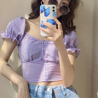Áo croptop tím nhún ngực phong cách retro