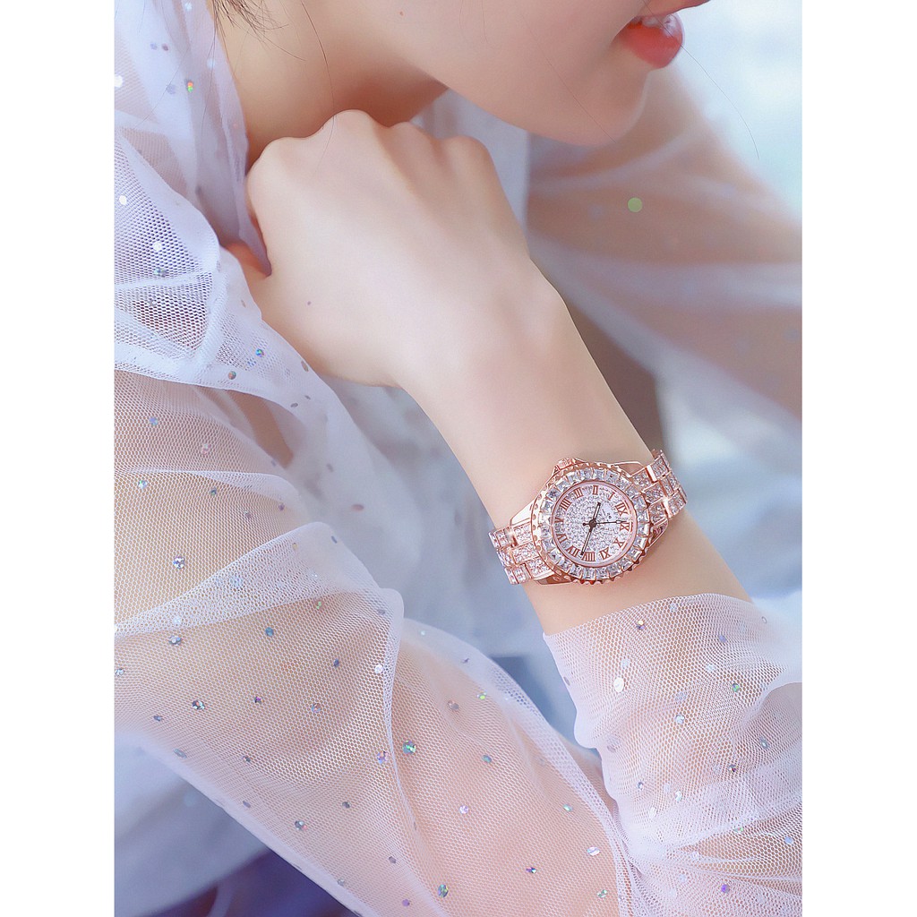 Đồng hồ nữ dây kim loại, đồng hồ đeo tay nữ đính kim cương nhân tạo BEE SISTER siêu sang, cao cấp, không thấm nước