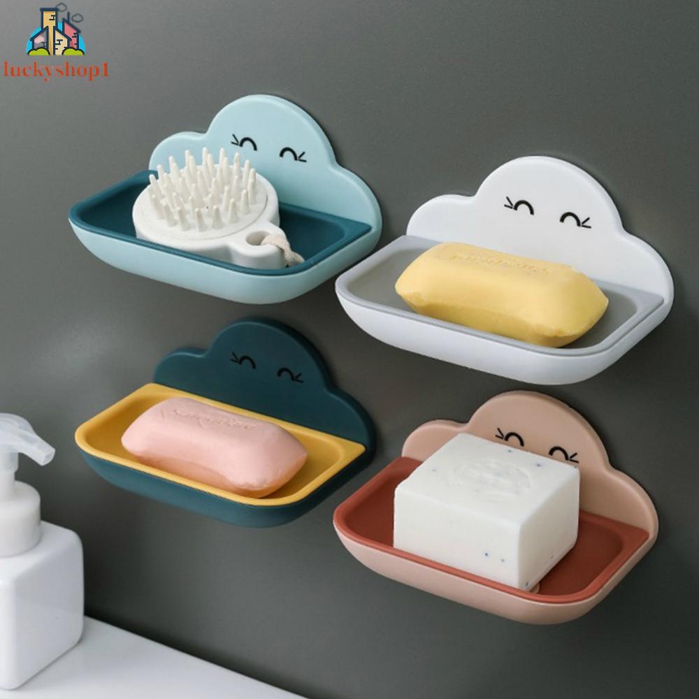 Đám mây dễ thương Giá đựng xà phòng Đám mây sáng tạo Đĩa xà phòng hai lớp Sucker Treo tường Đĩa xà phòng Giá đỡ dễ thương Thoát nước Toilet Không đục lỗ