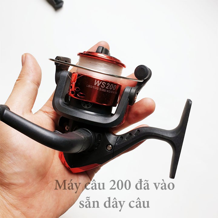 Bộ cần câu máy cần câu 2 khúc đặc kèm + máy câu 200 cuốn sẵn cước + full set phụ kiện.