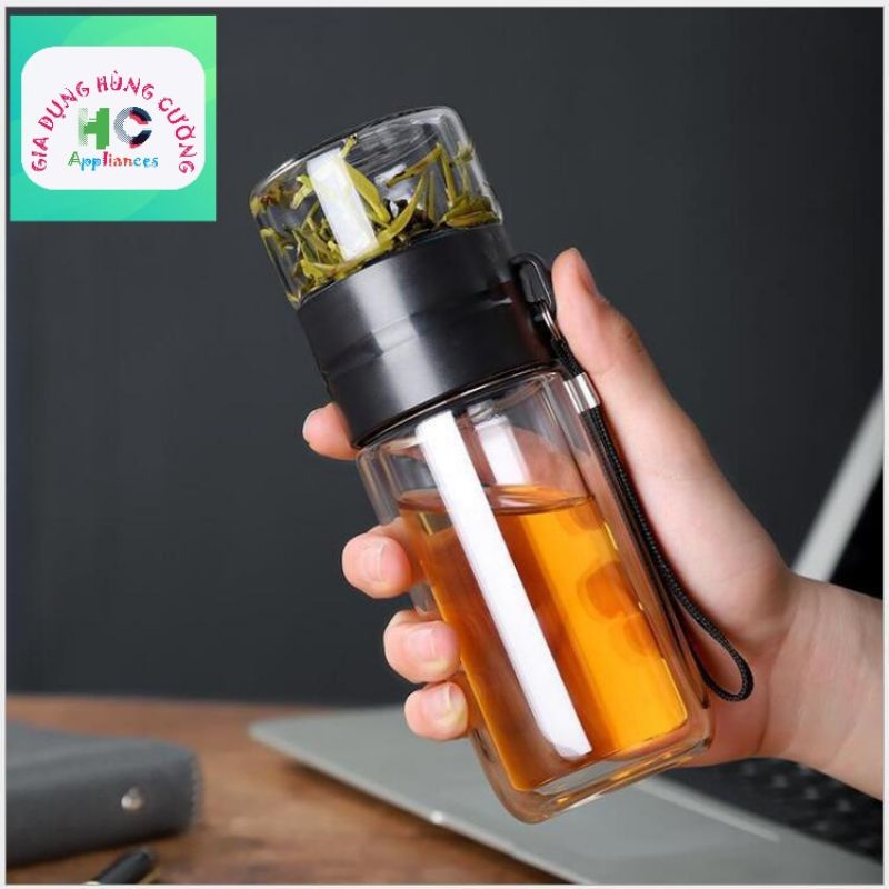 Bình pha trà, pha chè bằng thủy tinh 2 lớp cách nhiệt và giữ nhiệt dung tích 500ml có quai đeo