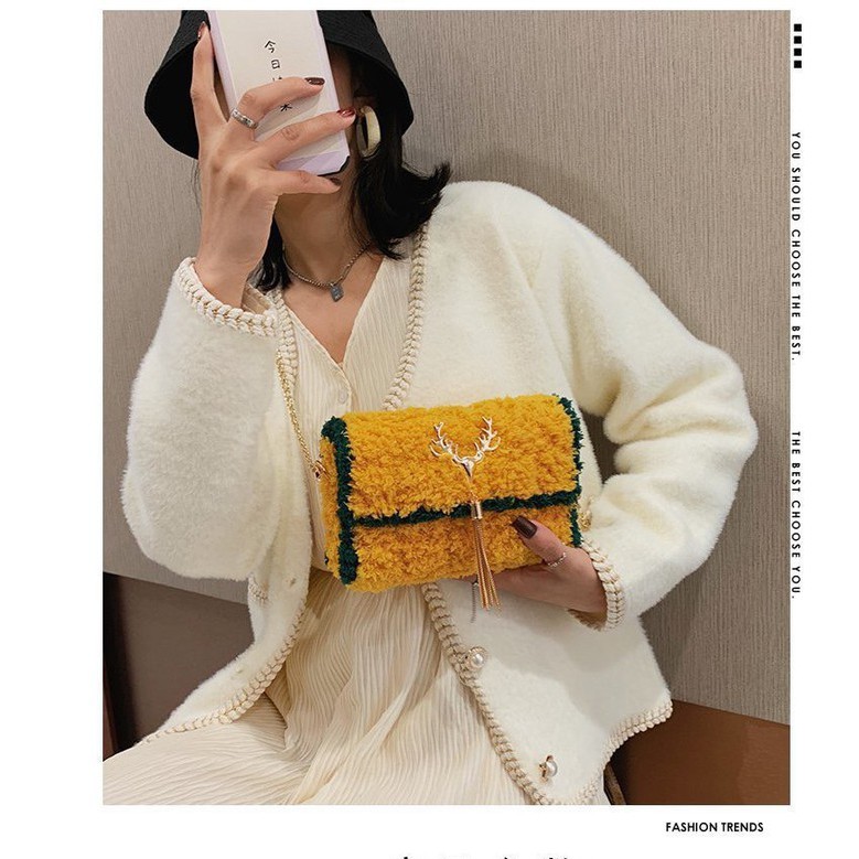 [Có Video HD] Túi Tự Đan Len Xù Phối Viền Xanh Lá Mác Hươu Tua Rua, Set phụ kiện đầy đủ làm túi Handmade Nữ