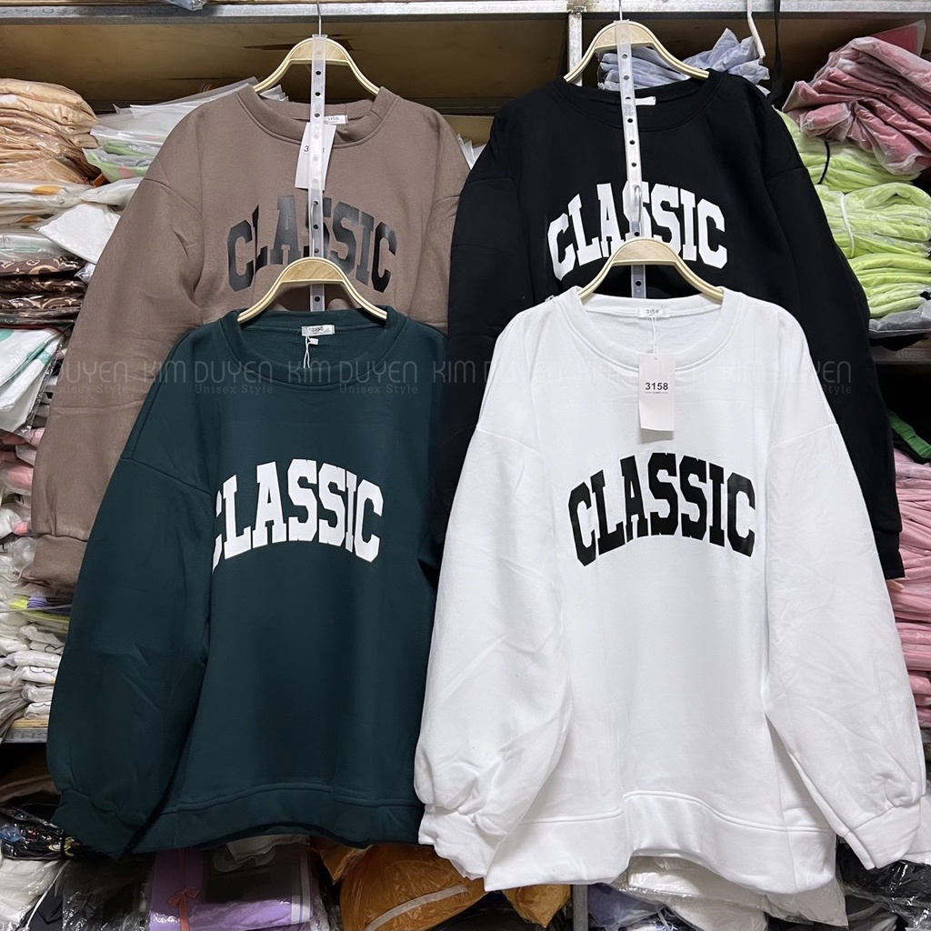 Áo Sweater In Chữ CLASSIC Cực Xinh Áo Sweater Tay Bồng Chất Nỉ Ngoại Dày Dặn Form Rộng Freesize Unisex Ảnh Thật