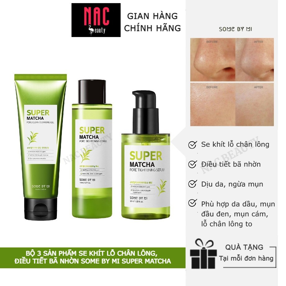 Bộ 3 Sản Phẩm Se Khít Lỗ Chân Lông, Điều Tiết Bã Nhờn Some By Mi Super Matcha (Cleansing Gel, Toner, Serum)