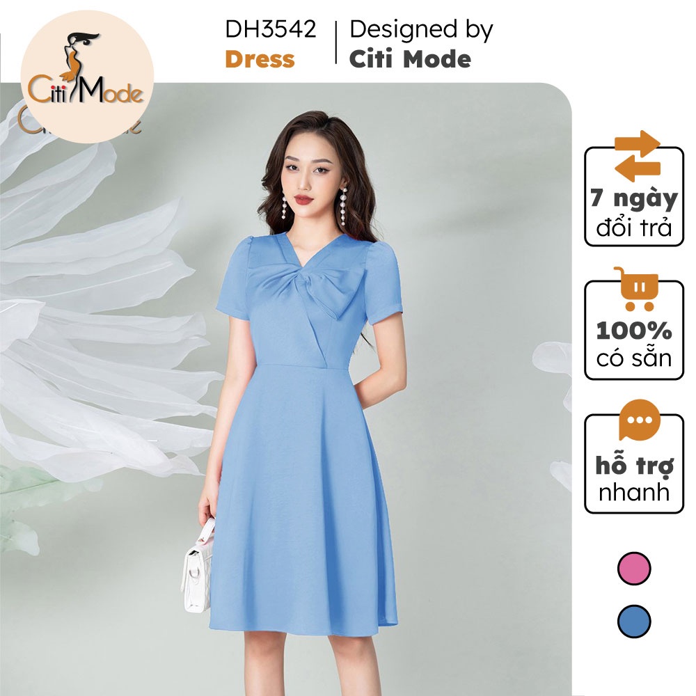 Đầm xòe công sở 2 màu CITI MODE cổ v tạo kiểu nơ ngực DH3541