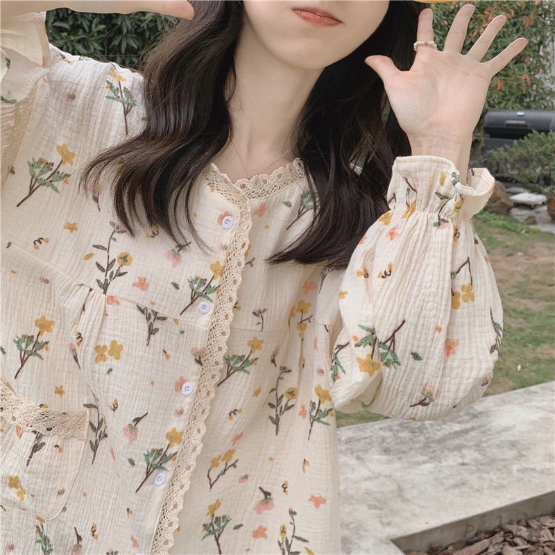 Bộ Đồ Ngủ Pijama Dài Tay Cổ Tròn In Họa Tiết Hoa Kiểu Nhật Bản Thời Trang Xuân Thu Cho Nữ