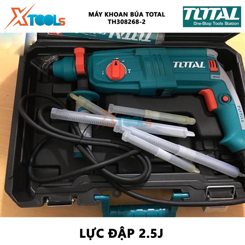 Máy khoan búa cầm tay 3 chức năng 800w TOTAL TH308268-2 đầu gài sds plus, tốc độ 1100rpm, tốc độ búa 4000bpm, lực đập 2