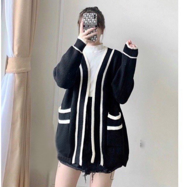 Áo Cardigan Len Nữ Dày Sọc Đen Trắng Có Túi, Cadigan Kẻ Kim Cương Ulzzang Hàn Quốc, Labibi