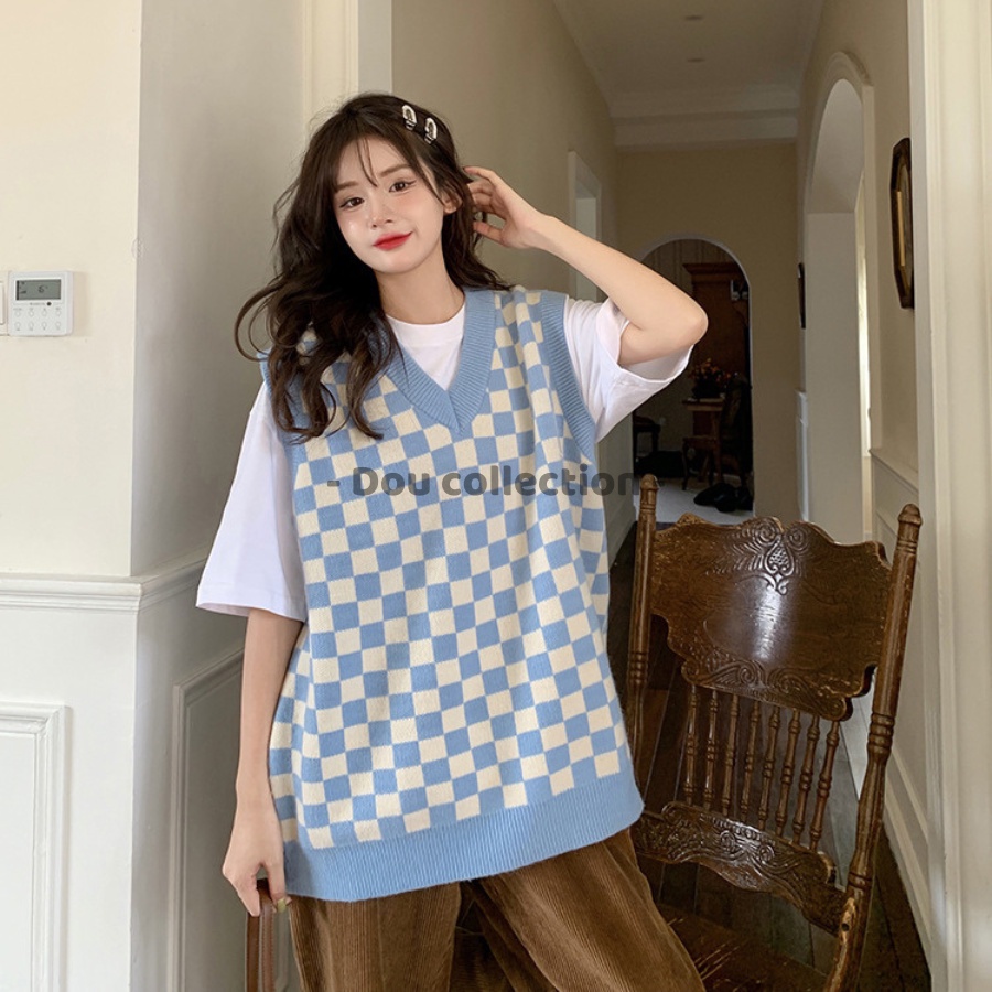 [Nowship2h] Áo gile Unisex họa tiết ô vuông vintage áo len không tay dáng xuông cá tính thời trang thu đông - mã TA010