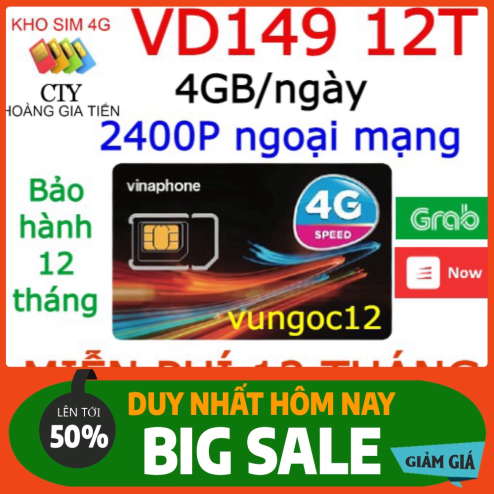 GIÁ CỰC SỐC [ MIỄN PHÍ 12T ] SIM 4G VINA VD149 TẶNG 4GB/NGÀY VD89 ĐỈNH 60G KM 2GB/NGÀY GỌI MIỄN PHÍ SUỐT 1 NĂM K NẠP TIỀ