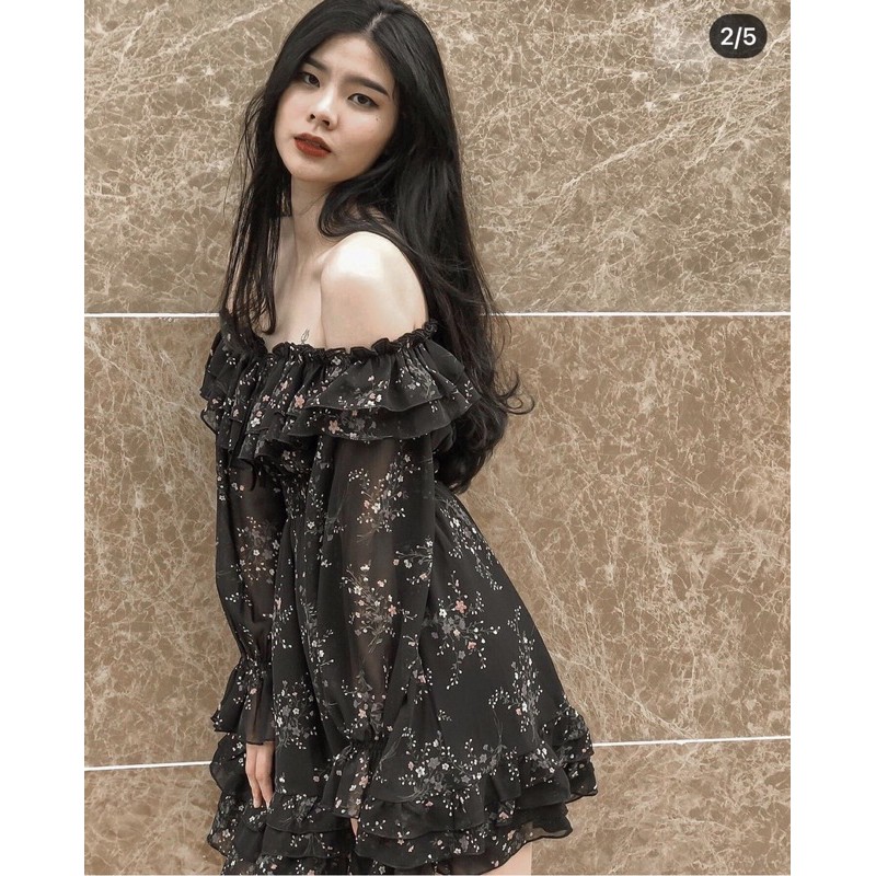 Đầm hoa nhí vintage SANJOLI váy voan hoa nhí trễ vai tay phồng, đi dự tiệc, đi chơi, đi làm thiết kế VD005 | BigBuy360 - bigbuy360.vn