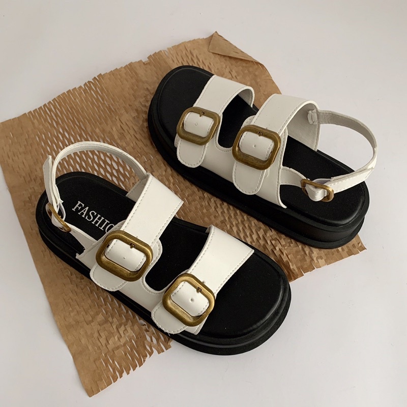 Giày Sandal Nữ Ulzzang bản cao cấp - Giày quai hậu nữ hai quai khuy vàng mẫu mới đi học mang áo dài