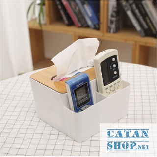 Hộp khăn giấy để bàn nắp gỗ có ngăn để đồ đa năng, hộp đựng giấy nắp gỗ kèm khay để đồ tiện dụng gd554-nago-2ngan