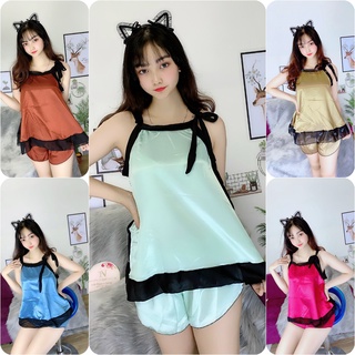 Set đồ ngắn phối ren cột nơ vải phi lụa mềm mại,freesize dưới 57kg
