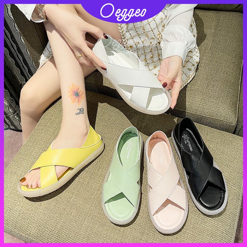 Oeggeo shop Xăng đan Đế Bằng Dây Đan Chéo Kiểu Bò Sữa Thời Trang Cho Nữ