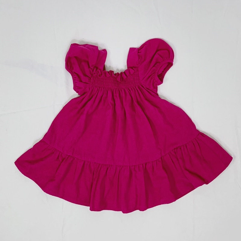 Váy đầm bé gái hồng cánh sen tay bồng, cổ vuông phong cách Hàn Quốc hè 2022