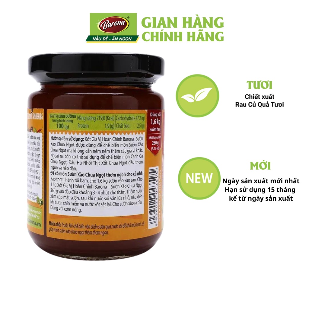 Gia Vị Sườn Xào Chua Ngọt Barona 260g (dạng hũ) ướp ngon chuẩn vị không cần nêm nếm