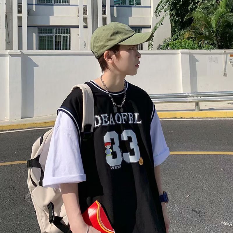 Áo thun nam tay ngắn giả hai lớp phong cách Hồng Kông thời trang mùa hè mới năng động