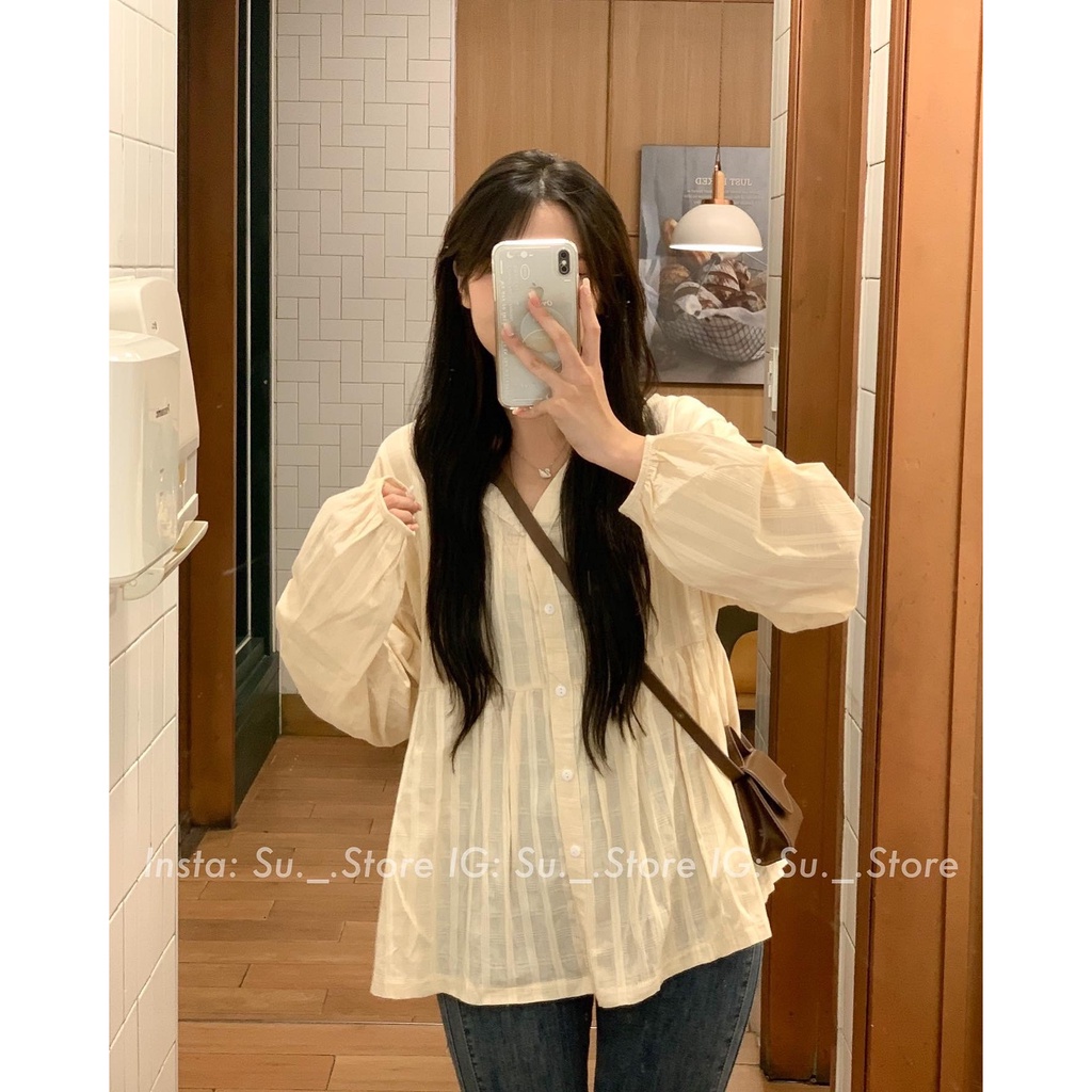 Áo babydoll dài tay cổ V kẻ nổi A2450 SUSTORE