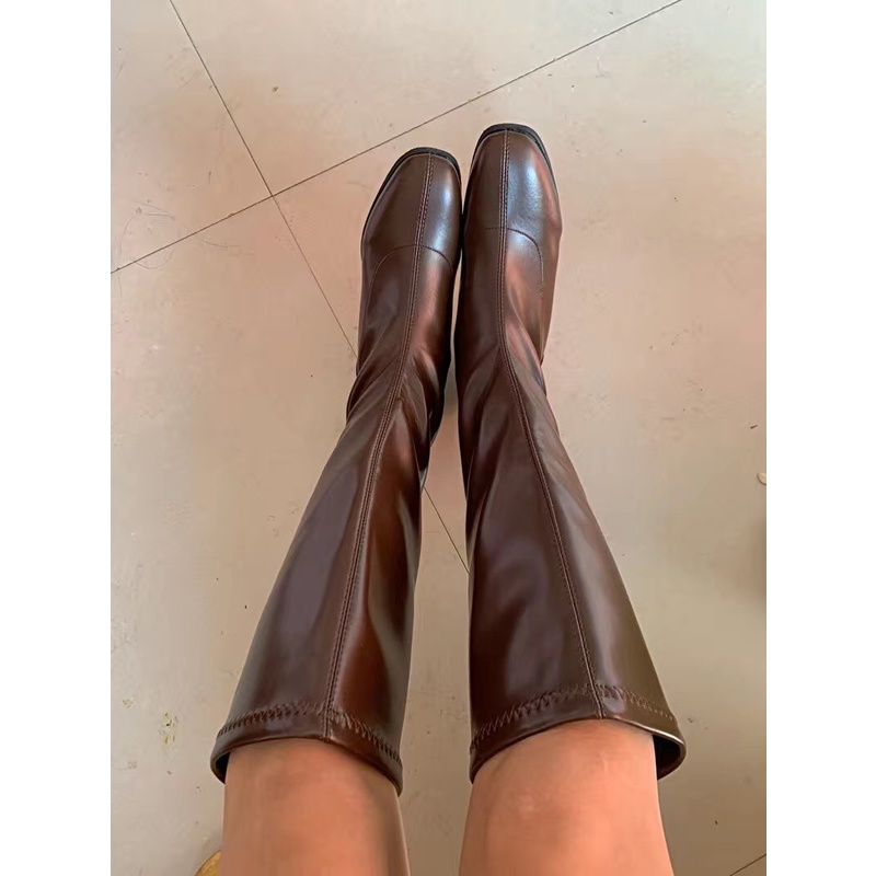 Boots đùi da PU mềm ôm bắp chân đế 3cm B002